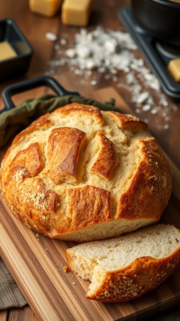 Crusty Dutch Oven Bread Recipe A golden crusty loaf of bread from a Dutch oven on a wooden board, with slices revealing a soft interior.